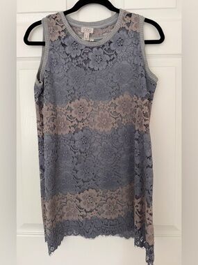 LOGO by Lori Goldstein Sleeveless Lace top in Blue and Grey.